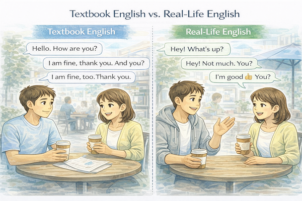 교과서 영어 실생활 영어 차이를 비교해 설명한 회화 예시 이미지