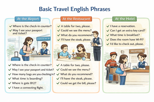 여행 영어 표현을 공항 식당 호텔 등 상황별로 정리한 기본 회화 이미지