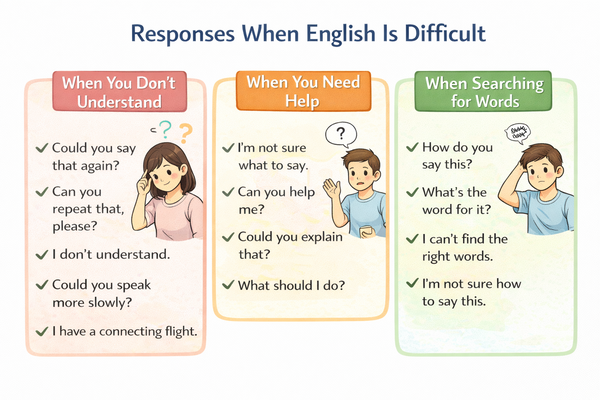영어 말이 막힐 때 사용할 수 있는 대처 표현을 상황별로 정리한 이미지