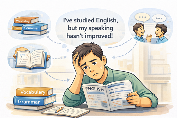 영어 회화가 늘지 않는 이유를 학습 방식 관점에서 정리한 이미지