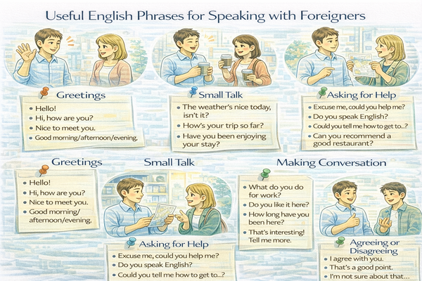 외국인과 대화할 때 사용할 수 있는 무난한 영어 표현을 상황별로 정리한 이미지