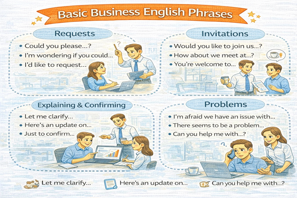 직장인 기본 영어 문장을 업무 상황별로 정리한 실무 회화 이미지