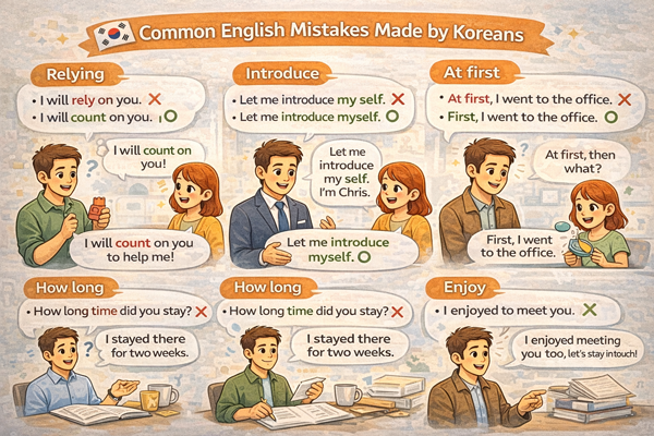 한국인이 자주 틀리는 영어 표현을 자연스러운 회화 예시와 함께 정리한 이미지