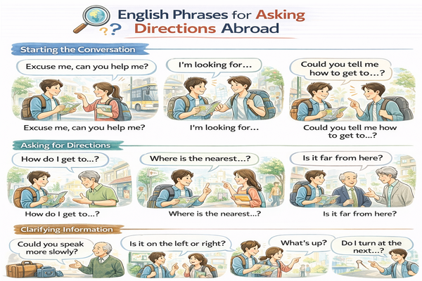 해외에서 길 물어볼 때 사용하는 영어 표현을 상황별로 정리한 여행 영어 이미지