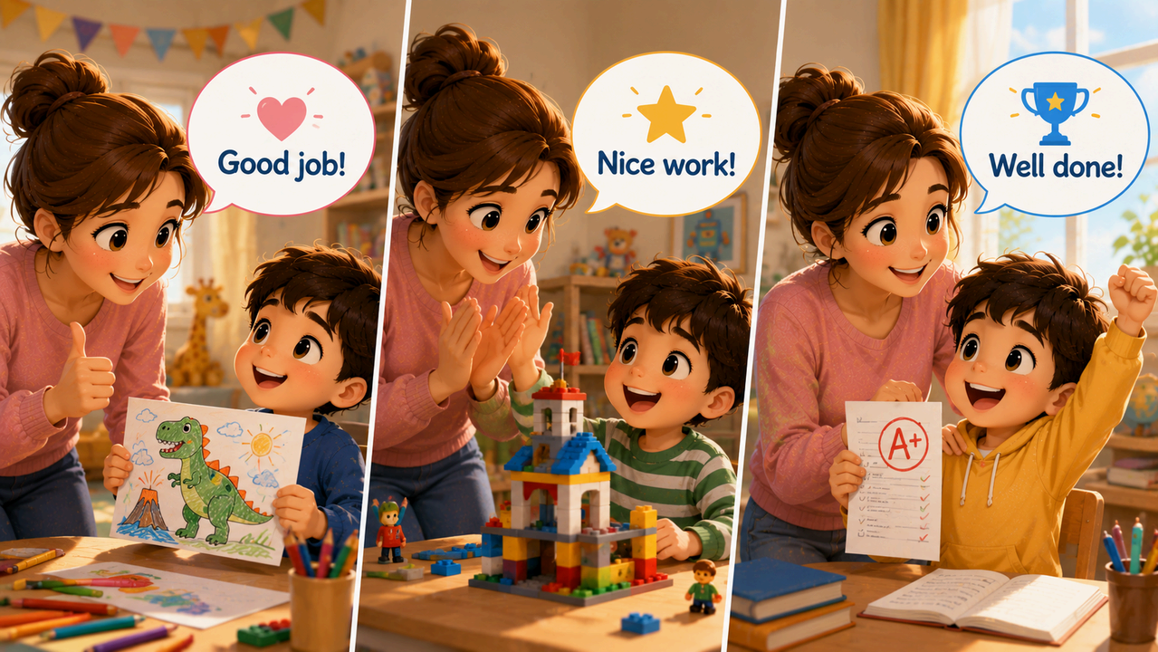 엄마가 남자 아이의 그림, 블록 만들기, 시험 결과를 보며 “Good job”, “Nice work”, “Well done”이라고 칭찬하는 장면을 나란히 표현한 영어 회화 이미지. 아이의 성취와 결과를 격려하는 상황을 따뜻한 실내 배경으로 구성한 생활 영어 썸네일.