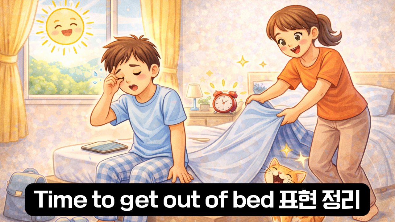 Time to get out of bed 뜻과 사용 상황 설명 이미지