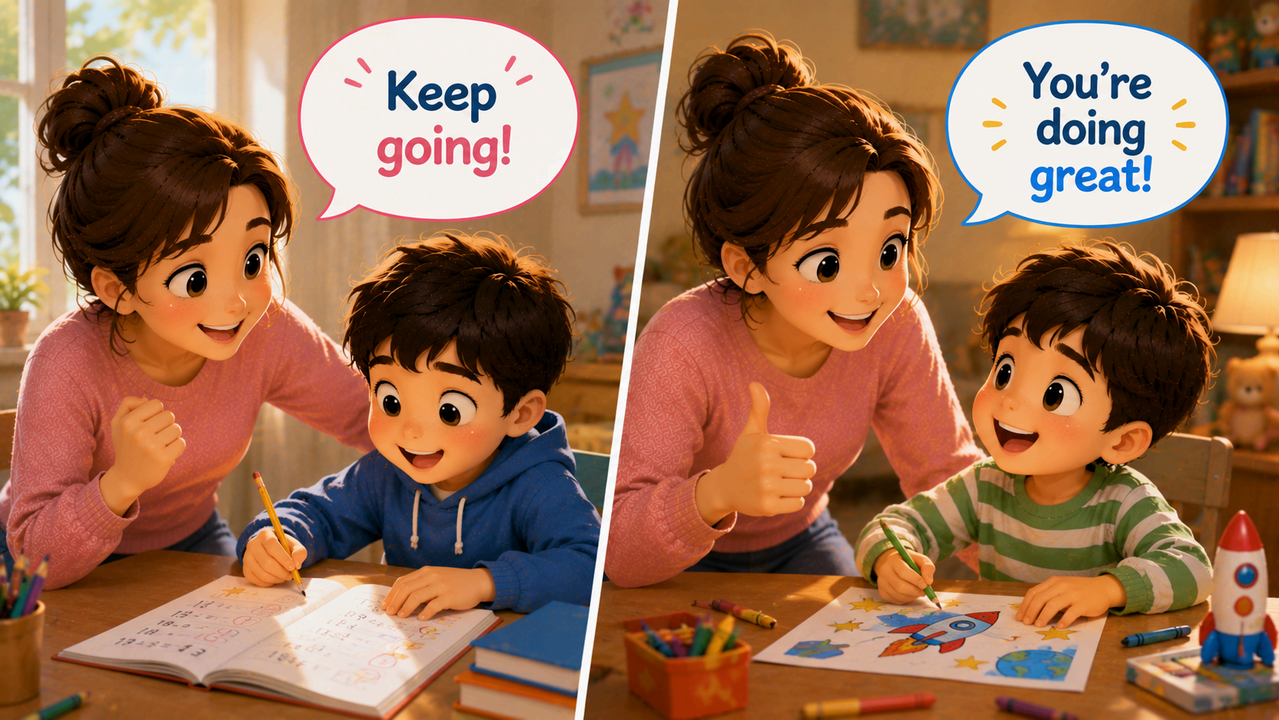 엄마가 공부와 그림 그리기를 하는 남자 아이를 보며 “Keep going”과 “You’re doing great”라고 응원하는 장면을 표현한 영어 회화 이미지. 아이를 계속 격려하고 자신감을 북돋아주는 따뜻한 분위기의 생활 영어 썸네일.