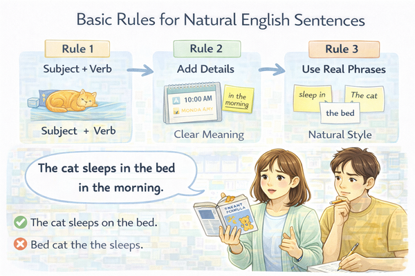 영어 문장을 자연스럽게 만드는 법을 설명하는 생활 영어 학습 이미지